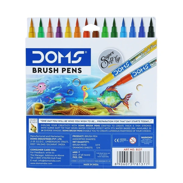  DOMS 14 Shades Brush Pen Box Pack | Super Soft Tip With Brilliant Colors | Water Based Ink Which Gives Water Color Effect | Pack Of 1, Multicolor
