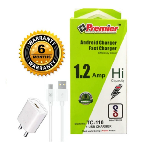 1.2Amp Single Port Fast Charger With USB Cable White