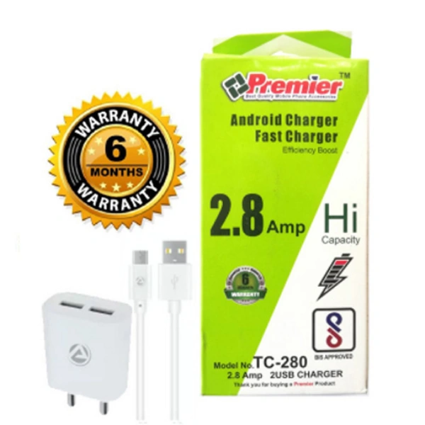 2.8Amp Dual Port Fast Charger With USB Cable White