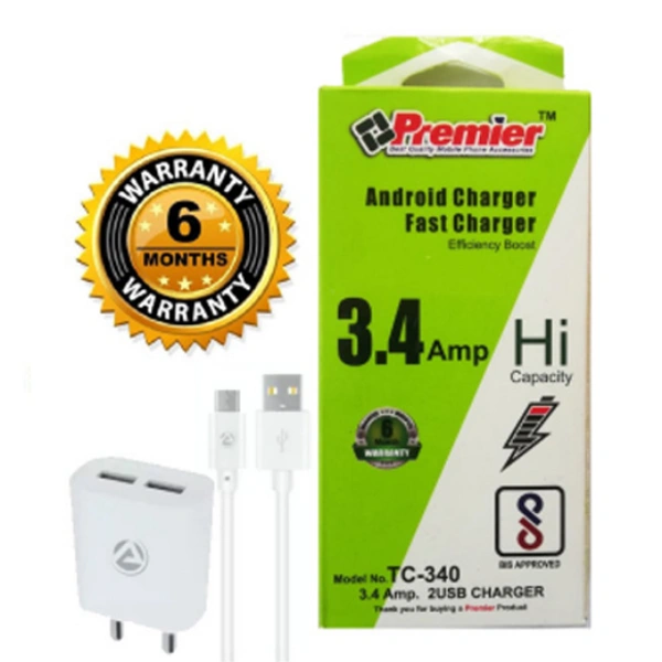 3.4Amp Dual Port Fast Charger With USB Cable White