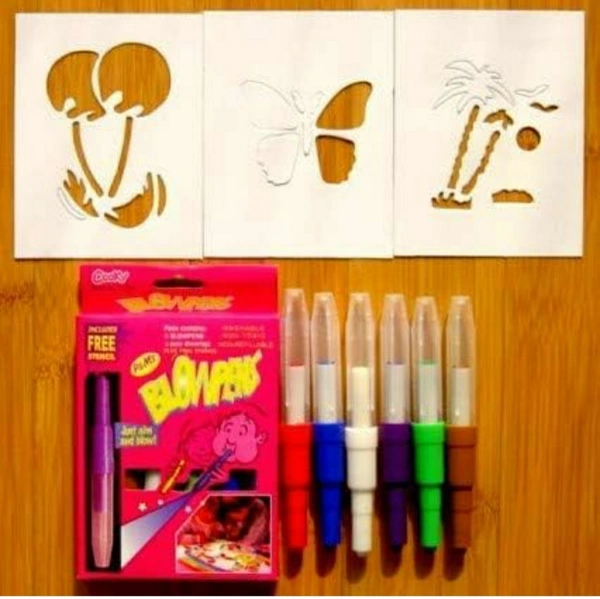Set of 6 Pc Colour Spray Magic Blowpen Set With Sketch Pens At One Side N Other Side To Blow-3 Paper Stencil,For Students, Kids & Craft Lovers, Children Fun-Arts & Crafts, Multicolor