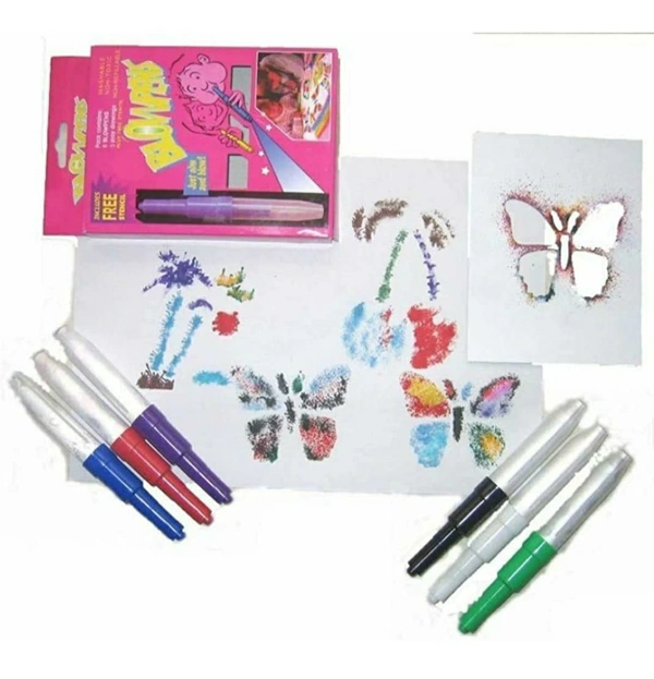 Set of 6 Pc Colour Spray Magic Blowpen Set With Sketch Pens At One Side N Other Side To Blow-3 Paper Stencil,For Students, Kids & Craft Lovers, Children Fun-Arts & Crafts, Multicolor