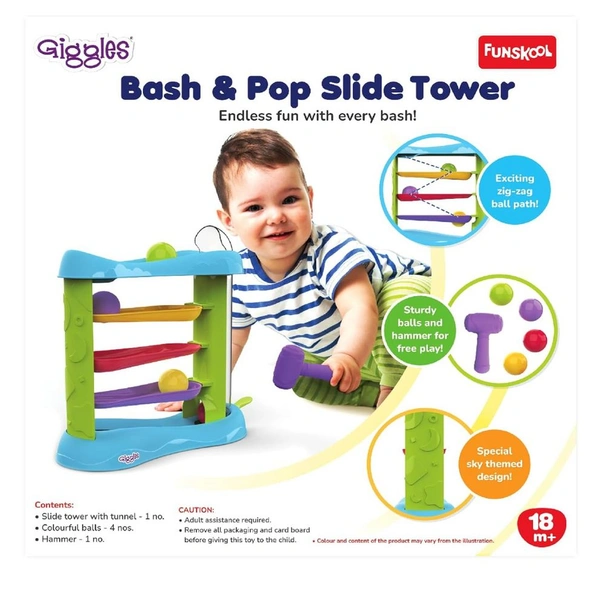 Funskool Giggles Bash & Pop Slide Tower - Hammer Toy with 4 Colorful Balls | Motor Skills Activity Toy for Toddlers 18+ Months Delivery Time: 2-3 Days