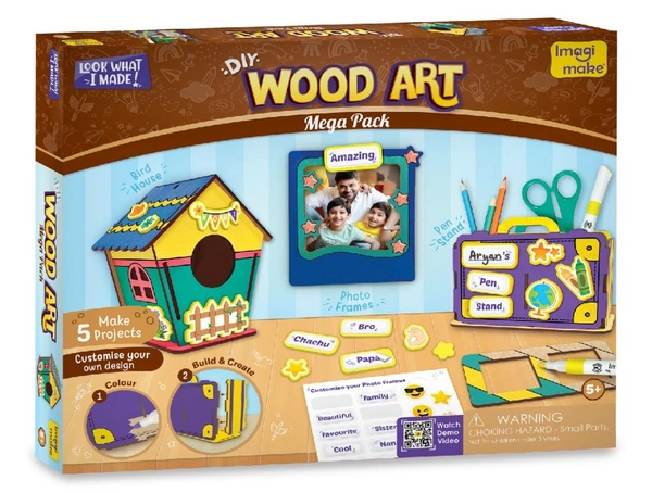 Imagimake DIY Wood Art Mega Pack - Make 3 Photo Frames, Pen Stand & Bird House | Painting & Colouring Craft Kit for Kids 5+ Years Delivery Time: 2-3Days