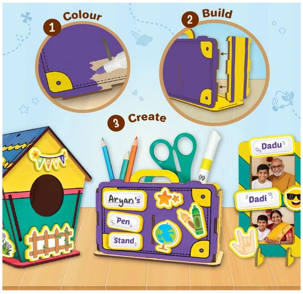 Imagimake DIY Wood Art Mega Pack - Make 3 Photo Frames, Pen Stand & Bird House | Painting & Colouring Craft Kit for Kids 5+ Years Delivery Time: 2-3Days