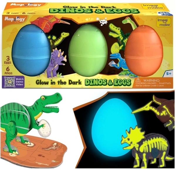 Imagimake Mapology Glow In The Dark Dinos & Egg - Set of 3 Eggs | 3D Dinosaur Puzzle for Kids 5-9 Years Delivery Time: 2-3Days