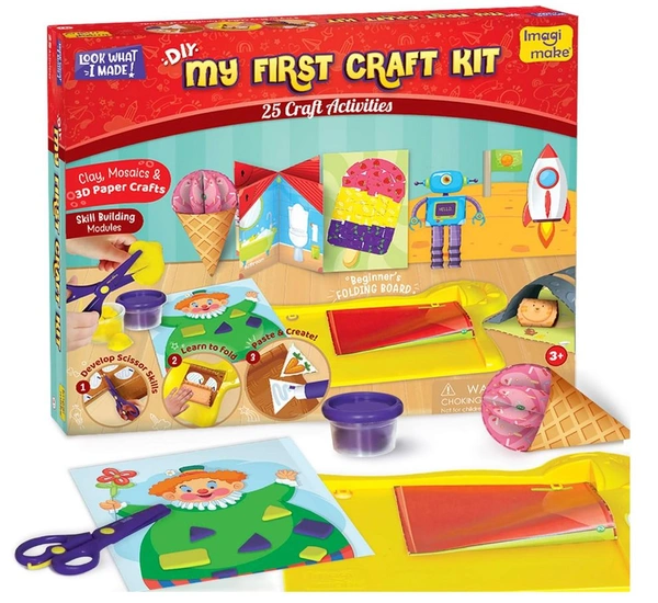 Imagimake My First Craft Kit - 25 DIY Art & Craft Activities with Activity Book, Child-Safe Scissor & 4 Dough Tubs for Kids 3+ Years Delivery Time: 2-3Days