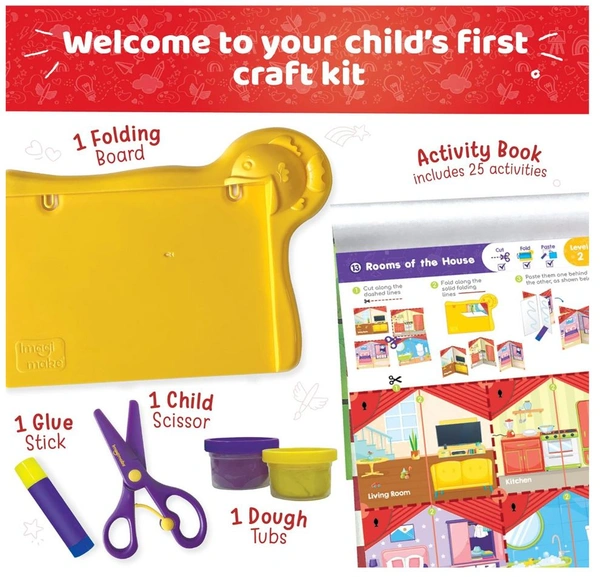Imagimake My First Craft Kit - 25 DIY Art & Craft Activities with Activity Book, Child-Safe Scissor & 4 Dough Tubs for Kids 3+ Years Delivery Time: 2-3Days
