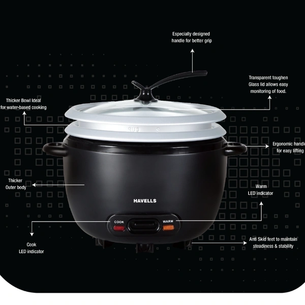 Havells X press Cook 1.8 Ltr 2 bowl - China, 8516, Customer Care No.08045 77 1313 Email-id:customercare@havells.com, 7 Days, 2 Years Manufacturers, 1.8L