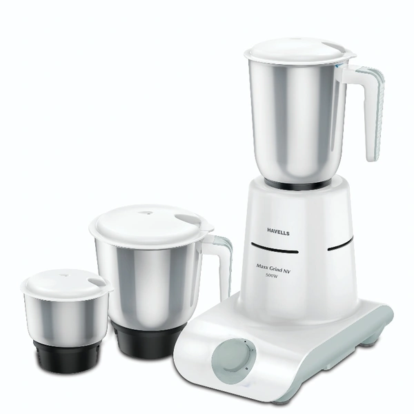 Havells MAXX GRIND NV BLUE 500 W MIXER GRINDER - 7 Days, India, 5 year warranty on motor, 2 year warranty on body , 8509, Customer Care No.08045 77 1313 Email-id:customercare@havells.com , White