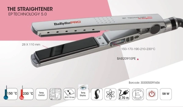 Babyliss Pro Hair Straightener EP Technology 5.0  - 8516, 28mm, Silver Grey