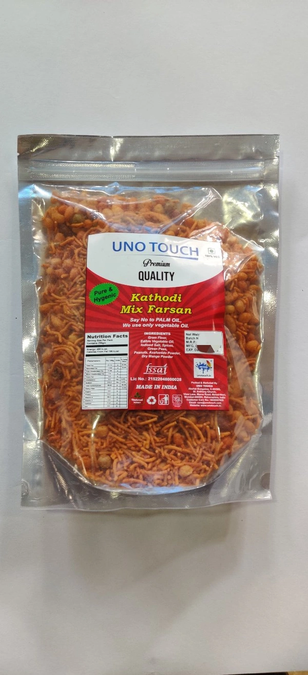 UNO TOUCH Kathodi Mix Farsan - Keep away from direct sunlight., India, Email- care@unotouch.com, Phone- 9820957825, 3 Months from manufacturing, 27/01/2022, 250gm, Non Returnable, 250gm, Gram Flour, Edible Vegetable Oil, Iodised Salt, Spices, Green Peas, Peanuts, Asafoetida Powder, 