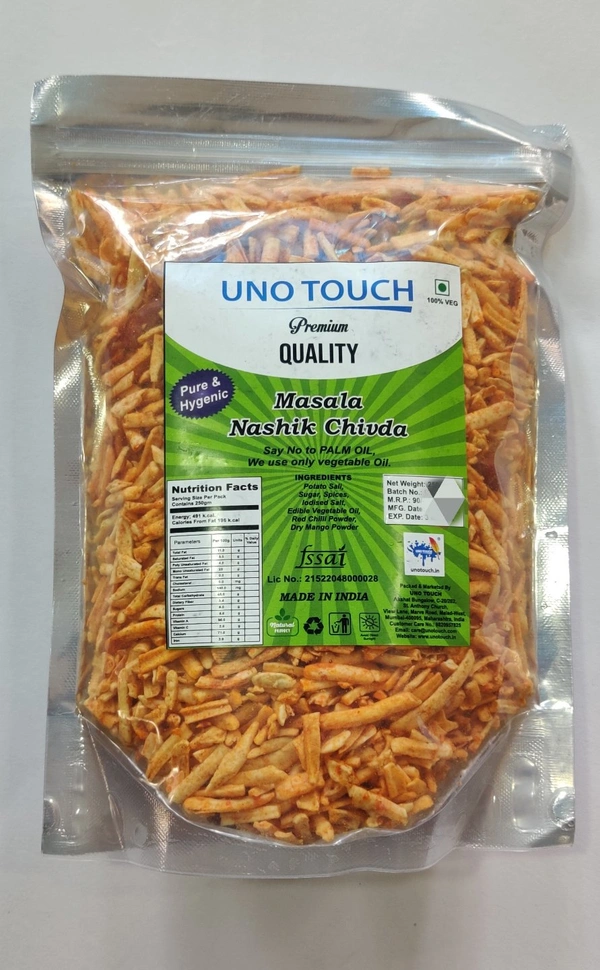 UNO TOUCH Masala Nashik Chivda - Keep away from direct sunlight, India, Email- care@unotouch.com, Phone- 9820957825, 3 Months from manufacturing, 27/01/2022, Non Returnable, 100gm., 100gm., Potato Sali, Iodised Salt, Spices, Edible Vegetable Oil, Red Chilli Powder, Fried Peanuts.