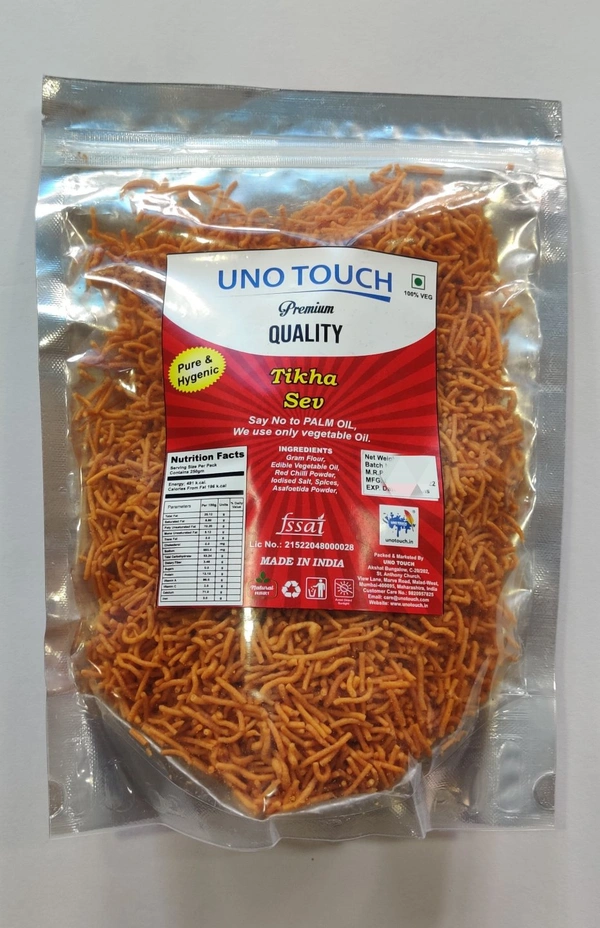 UNO TOUCH Tikha Sev - Keep away from direct sunlight, India, Email- care@unotouch.com, 3 Months from manufacturing, 27/01/2022, Non Returnable, 100gm., 100gm., Gram Flour, Edible Vegetable Oil, Red Chilli Powder, Iodised Salt, Asafoetida Powder.