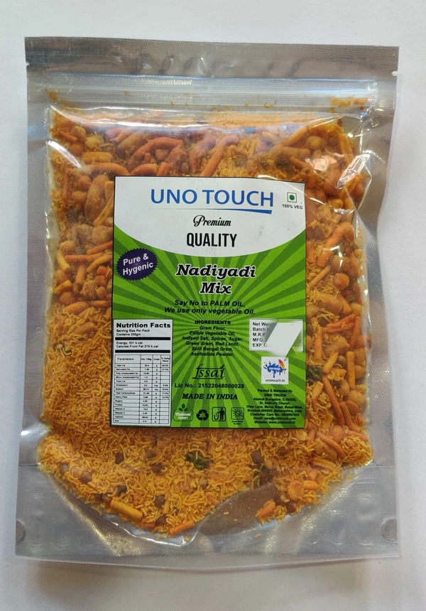UNO TOUCH Nadiyadi Mix - Keep away from direct sunlight, India, Email- care@unotouch.com, 3 Months from manufacturing, 27/01/2022, Non Returnable, 250gm., 250gm., Gram Flour, Edible Vegetable Oil, Iodised Salt, Sugar, Green Gram, Red Lentil, Split Bengal Gram,