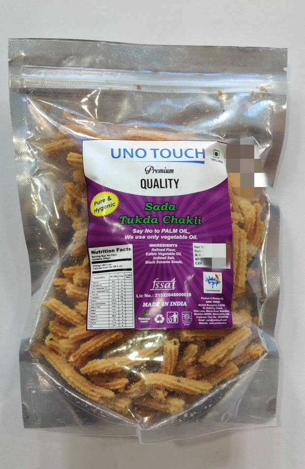 UNO TOUCH Sada Tukda Chakli - Keep away from direct sunlight, India, Email- care@unotouch.com, 3 Months from manufacturing, 27/01/2022, Non Returnable, 100gm., 100gm., Refined Flour, Edible Vegetable Oil, Iodised Salt, Black Sesame Seeds.