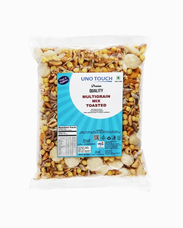UNO TOUCH  Uno Touch Multigrain Mix Toasted  - India , Email: care@unotouch.com Phone: 9820957825, 3 Months From Manufacturing , Non Returnable , 180g, Barley, Corn Flakes, Jawar Puff, Ragi Puff, Gram Flour, Rice Flakes, Puffed Rice, Cumin Seeds,, Keep away from direct sunlight.
