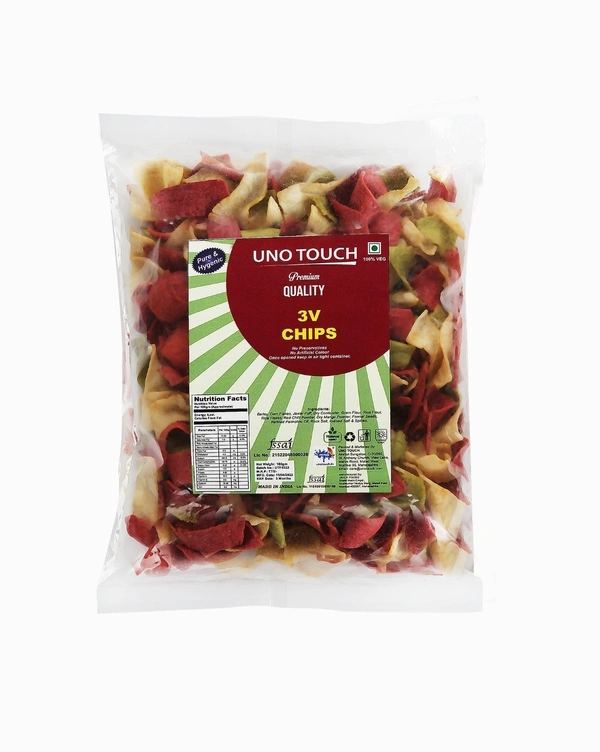 UNO TOUCH  Uno Touch 3V Chips - India , Email: care@unotouch.com Phone: 9820957825, 3 Months From Manufacturing , Beetroot Extract, Pumpkin Extract, Spinach Extract, Refined Palmoline Oil, Rock Salt, Iodised Salt , Non Returnable , 180gm, Multi, Keep away from direct sunlight.