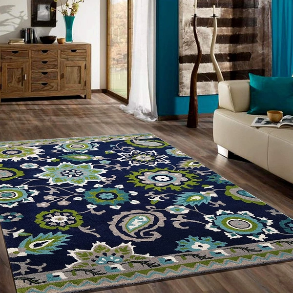 Handmade Traditional Design Woollen Carpets For Living Room - Navy Blue, 5x8