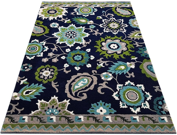 Handmade Traditional Design Woollen Carpets For Living Room - Navy Blue, 5x8