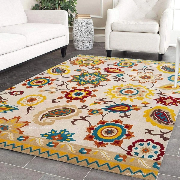 Handmade Traditional Design Woollen Carpets For Living Room - Beige, 5x8