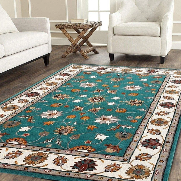 Handmade Traditional Design Woollen Carpets For Living Room - Teal, 5x8