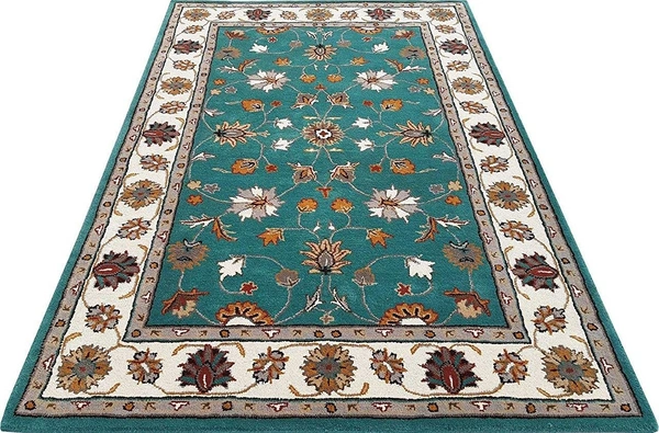 Handmade Traditional Design Woollen Carpets For Living Room - Teal, 5x8