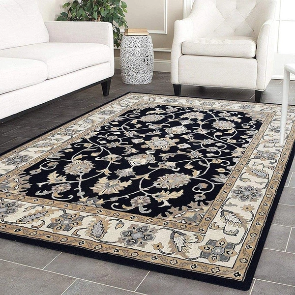 Handmade Traditional Design Woollen Carpets For Living Room - Black, 5x8