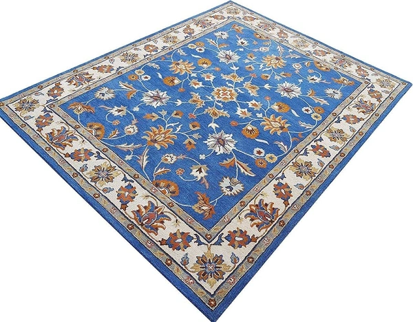 Handmade Traditional Design Woollen Carpets For Living Room - Royal Blue, 5x8