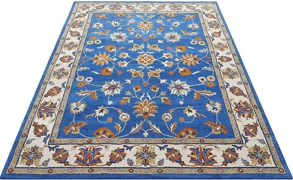 Handmade Traditional Design Woollen Carpets For Living Room - Royal Blue, 5x8