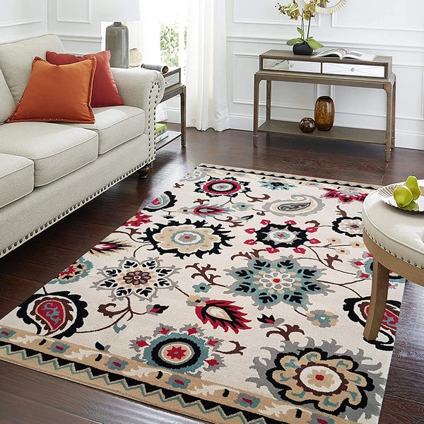 Handmade Traditional Design Woollen Carpets For Living Room - White, 5x8
