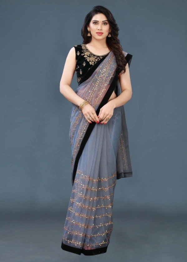 Self Design Fashion Net Saree (Grey) - White
