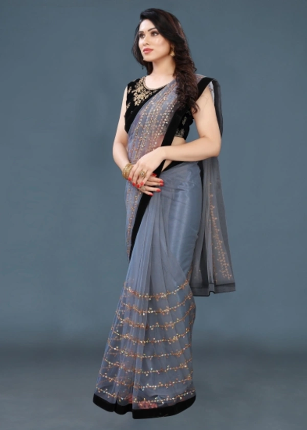 Self Design Fashion Net Saree (Grey) - White