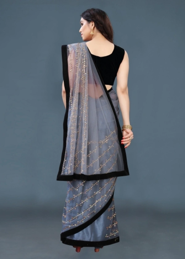 Self Design Fashion Net Saree (Grey) - White
