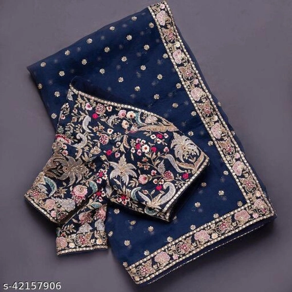 Cloverlucks Embroidered Daily Wear Georgette Saree (Dark Blue)