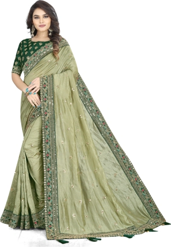 Piton Enterprise Embroidered Bollywood Art Silk Sarees (Light Green) - Green