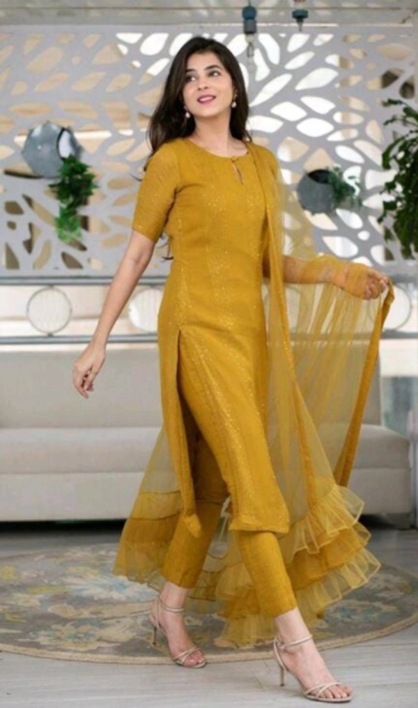 Shreeji Creation Embroidered Kurta, Trouser/Pant & Dupatta Set - Yellow, M