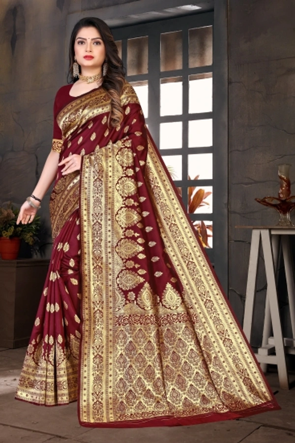 Woven Banarasi Cotton Silk Saree   - Red