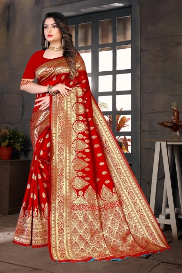 Woven Banarasi Cotton Silk Saree   - Red