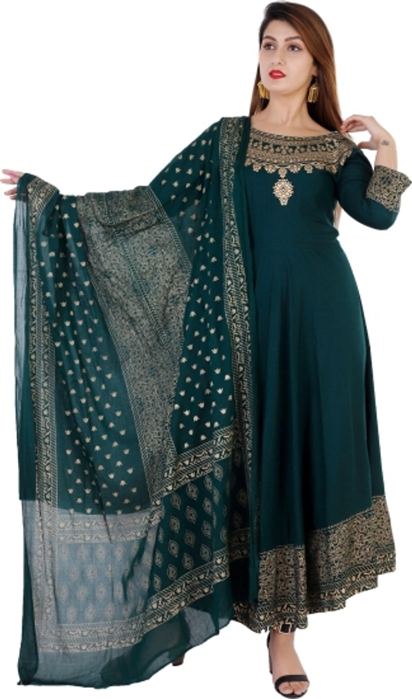 Women Kurta and Dupatta Set - Dark Green, XL