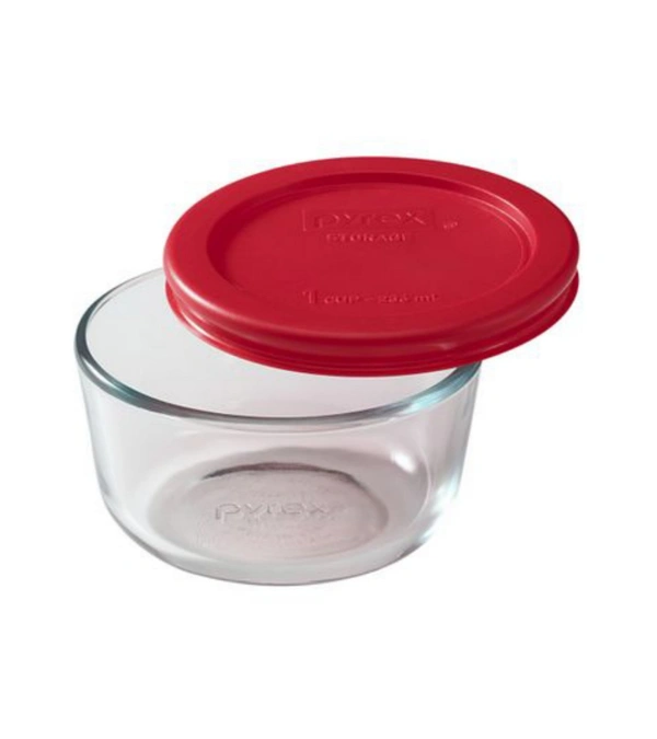 1-Cup Round Food Storage Containers with Red Plastic Lids, Set of 1