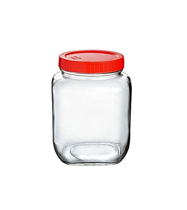 Cube Glass Jar with Round JAR Plastic RED Lid for Kitchen Storage