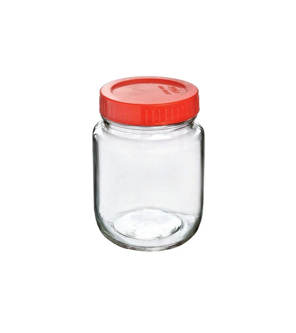 Cube Glass Jar with Round JAR Plastic RED Lid for Kitchen Storage