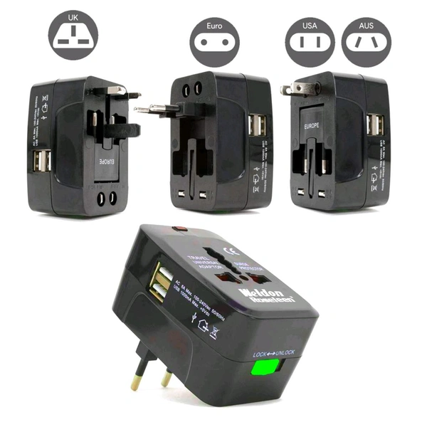 SMPH  Inversal Adapter with 2 USB AU UK US EU Plug Adapter Copper  - Blue