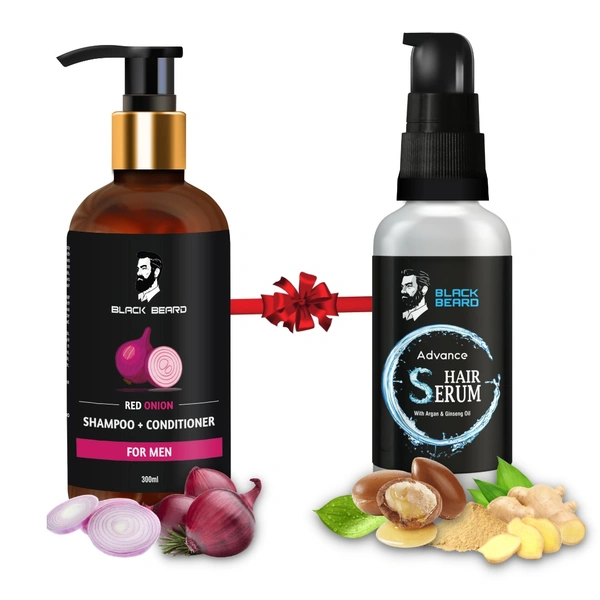 Black Beard Red Onion Shampoo + conditioner & Hair Serum , Hair Care combo For men. - 300ml, 50ml