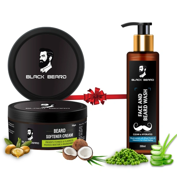 Black Beard Face & Beard Wash + Beard Softener Cream For men, combo of  Beard Growth , Remove Dust & keeps moisturated. - 50gm, 200ml
