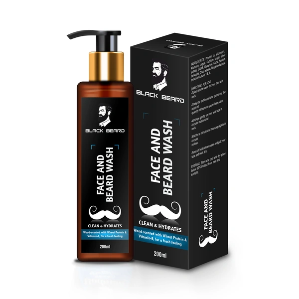 BLACK BEARD FACE AND BEARD WASH FOR MEN | WASHES AWAY DIRT AND OIL | CHEMICAL FREE CLEAN AND HYDRATES - 200ml