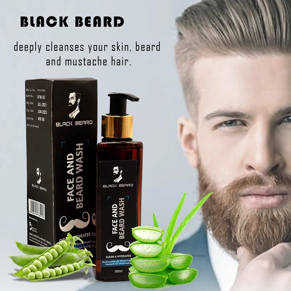 BLACK BEARD FACE AND BEARD WASH FOR MEN | WASHES AWAY DIRT AND OIL | CHEMICAL FREE CLEAN AND HYDRATES - 200ml