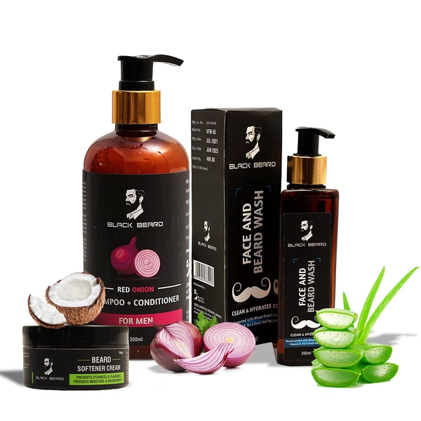 BLACK BEARD Set Of 3 Grooming Kit - and Face Wash, Shampoo + Conditioner, Cream Combo Best Gift for Men, White - 300ml, 200ml, 50gm