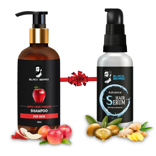 Black Beard Combo of Apple Cider Vinegar & Red Onion Shampoo & Conditioner for Men - Restores Shine & Smoothness - No Parabens, Sulphates & Silicones - 300ml, 50ml